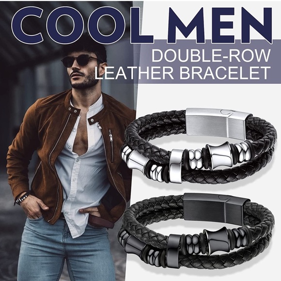 bandmax Double Row Black Braided Leather Wristband Beaded Layer Leather Cord - Picture 5 of 6